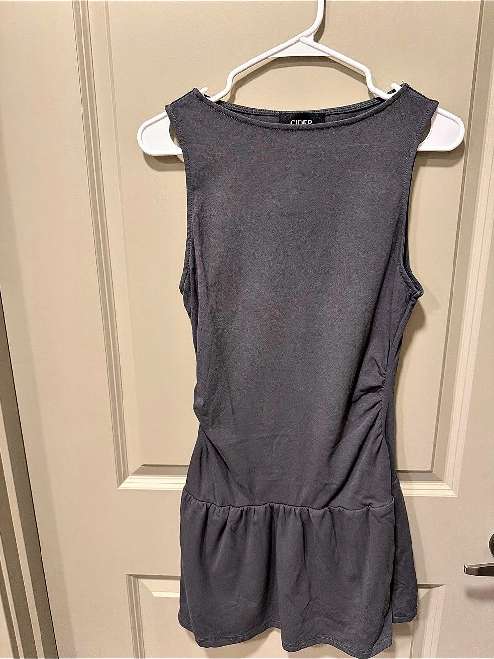 Cider Cotton-blend Round Neckline Solid Ruched Ruffle Hem Mini Cami Dress